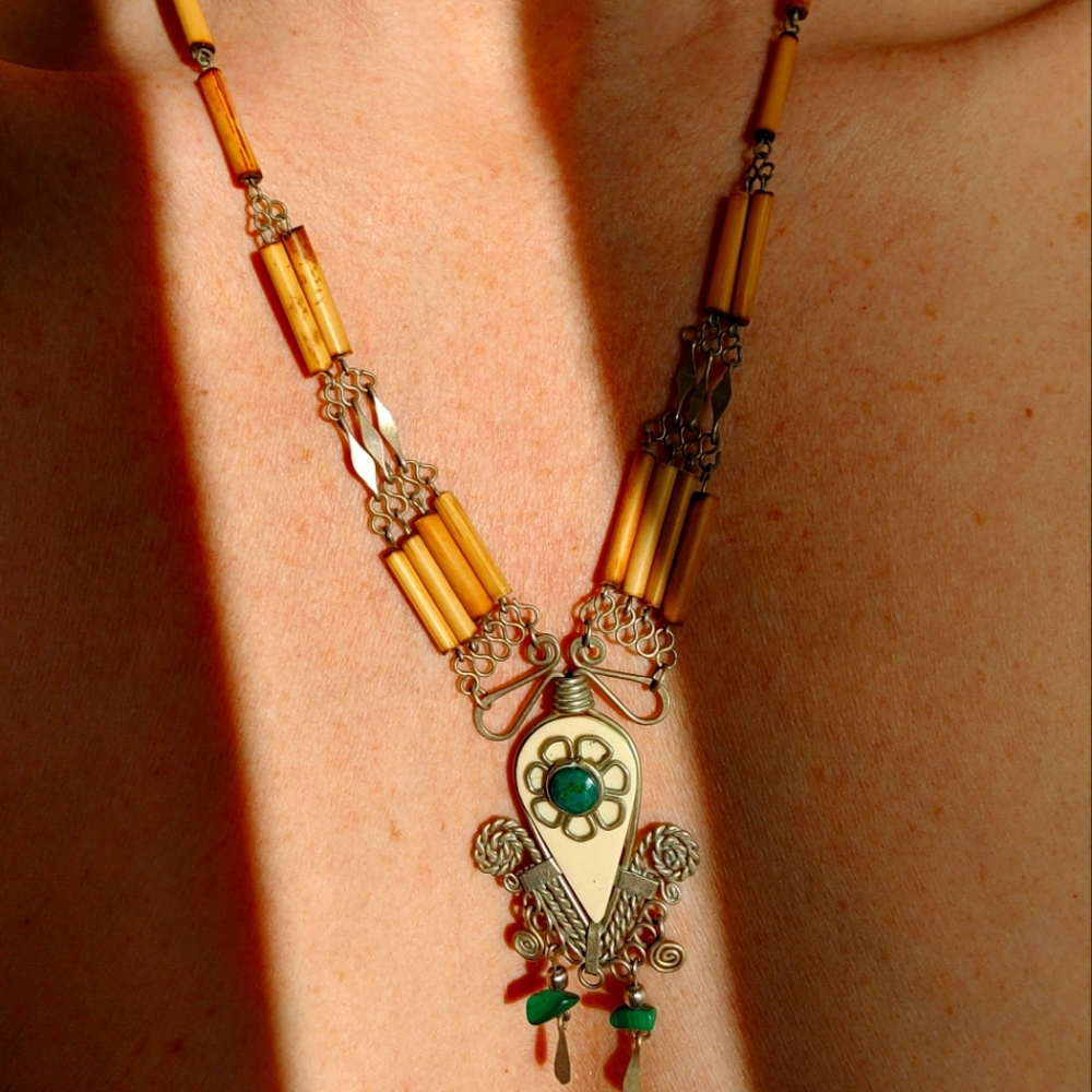 Antique silver, wooden beaded with turquoise necklace/choker